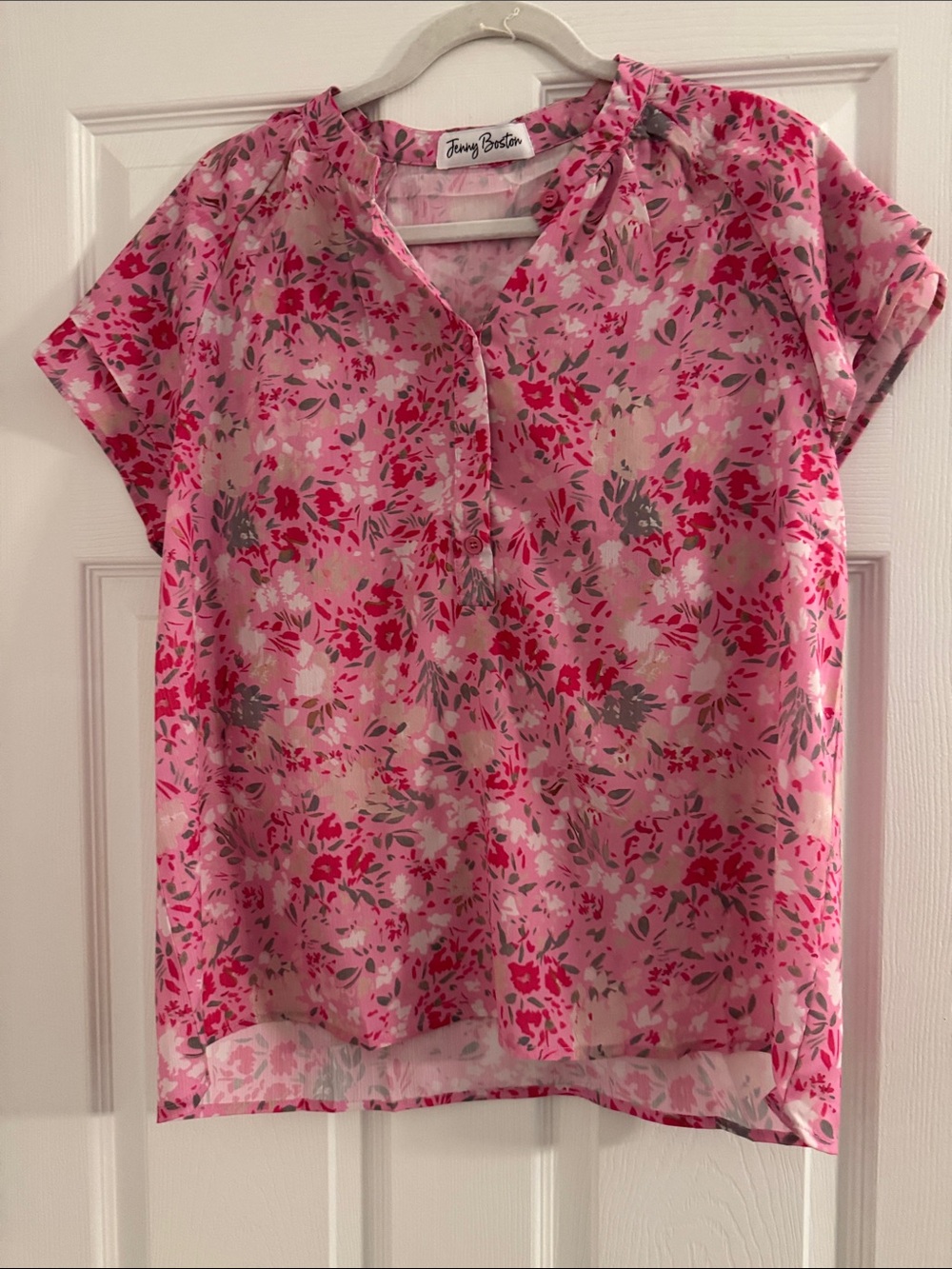 Jenny Boston  Pink Floral Short-Sleeve V-Neck Blouse